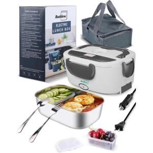 imageBuddew 15L 304 Stainless Steel Inner Container Electric Lunch Box Removable Replacement Tray with Sealed Silicone Cover Easy to Clean Eco Friendly and Dishwasher SafeWhiteGray Handle