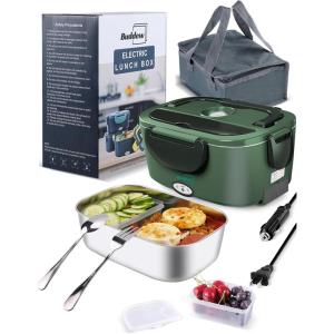imageBuddew 15L 304 Stainless Steel Inner Container with Compartments Electric Lunch Box Removable Replacement Tray with Sealed Silicone Cover Easy to Clean Eco Friendly and Dishwasher SafeDark Green