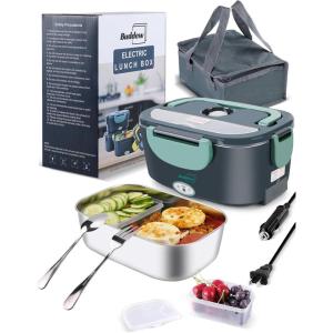 imageBuddew 15L 304 Stainless Steel Inner Container with Compartments Electric Lunch Box Removable Replacement Tray with Sealed Silicone Cover Easy to Clean Eco Friendly and Dishwasher SafeGreen
