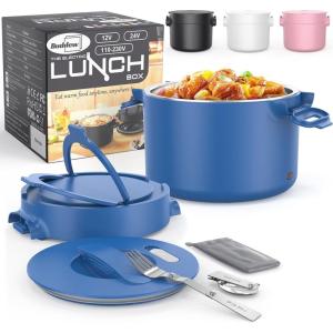 imageBuddew 15L 304 Stainless Steel Inner Container with Compartments Electric Lunch Box Removable Replacement Tray with Sealed Silicone Cover Easy to Clean Eco Friendly and Dishwasher SafeBlueRound