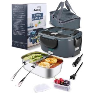 imageBuddew 15L 304 Stainless Steel Inner Container with Compartments Electric Lunch Box Removable Replacement Tray with Sealed Silicone Cover Easy to Clean Eco Friendly and Dishwasher SafeGrayBlack Handle
