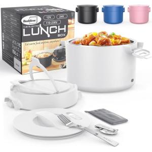 imageBuddew 15L 304 Stainless Steel Inner Container with Compartments Electric Lunch Box Removable Replacement Tray with Sealed Silicone Cover Easy to Clean Eco Friendly and Dishwasher SafeWhiteRound