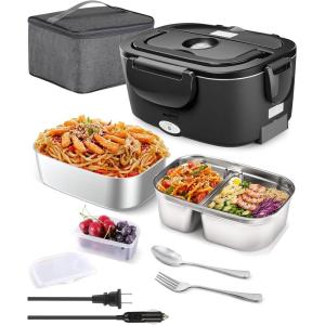imageBuddew 15L 304 Stainless Steel Inner Container with Compartments Electric Lunch Box Removable Replacement Tray with Sealed Silicone Cover Easy to Clean Eco Friendly and Dishwasher SafeBlack  Dual Container