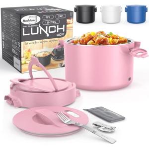 imageBuddew 15L 304 Stainless Steel Inner Container with Compartments Electric Lunch Box Removable Replacement Tray with Sealed Silicone Cover Easy to Clean Eco Friendly and Dishwasher SafePinkRound