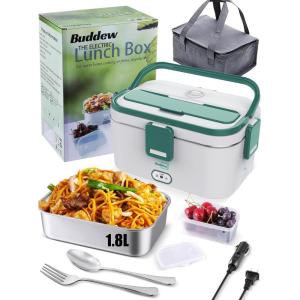 imageBuddew Electric Lunch Box 80W Food Heater 18L Large Capacity Heated Lunch Box 3 in 1 12V24V110V Portable Lunch Warmer for CarTruckHomeOffice with Carry Bag and Fork and Spoon GrayGreenGreen