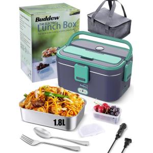 imageBuddew Electric Lunch Box 80W Food Heater 18L Large Capacity Heated Lunch Box 3 in 1 12V24V110V Portable Lunch Warmer for CarTruckHomeOffice with Carry Bag and Fork and Spoon GrayGreenRoyal blueGreen Handle