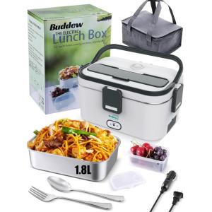 imageBuddew Electric Lunch Box 80W Food Heater 18L Large Capacity Heated Lunch Box 3 in 1 12V24V110V Portable Lunch Warmer for CarTruckHomeOffice with Carry Bag and Fork and Spoon GrayGreenGray
