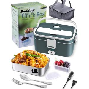 imageBuddew Electric Lunch Box 80W Food Heater 18L Large Capacity Heated Lunch Box 3 in 1 12V24V110V Portable Lunch Warmer for CarTruckHomeOffice with Carry Bag and Fork and Spoon GrayGreenGrayWhite Handle
