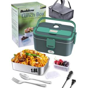 imageBuddew Electric Lunch Box 80W Food Heater 18L Large Capacity Heated Lunch Box 3 in 1 12V24V110V Portable Lunch Warmer for CarTruckHomeOffice with Carry Bag and Fork and Spoon GrayGreenGrayGreen Handle