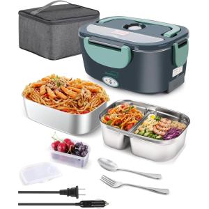 imageBuddew Electric Lunch Box 80W Food Heater with Dual Container Portable Lunch Warmer for Adults Upgraded Heated Lunch Box for CarTruckOffice with SS ForkampampSpoon and Insulated Carry Bag GreenGREENDual Container1