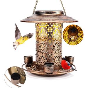 imageSolar Bird Feeders for Outdoors Hanging Bring Three Water Cups  Premium Grade Metal Wild Bird Feeders ChewProof Weather and Water Resistant Bird feeders Outside and Garden Decoration Bronze