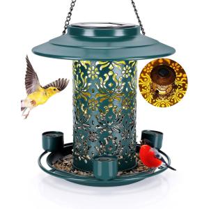 imageSolar Bird Feeders for Outdoors Hanging Bring Three Water Cups  Premium Grade Metal Wild Bird Feeders ChewProof Weather and Water Resistant Bird feeders Outside and Garden Decoration Green